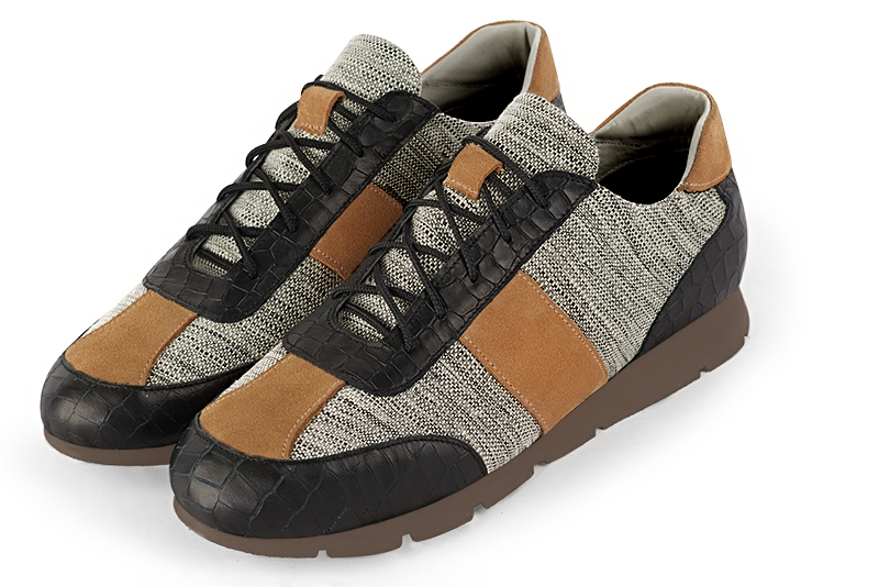 Satin black, ash grey and camel beige three-tone dress sneakers for men. Round toe. Flat rubber soles - Florence KOOIJMAN